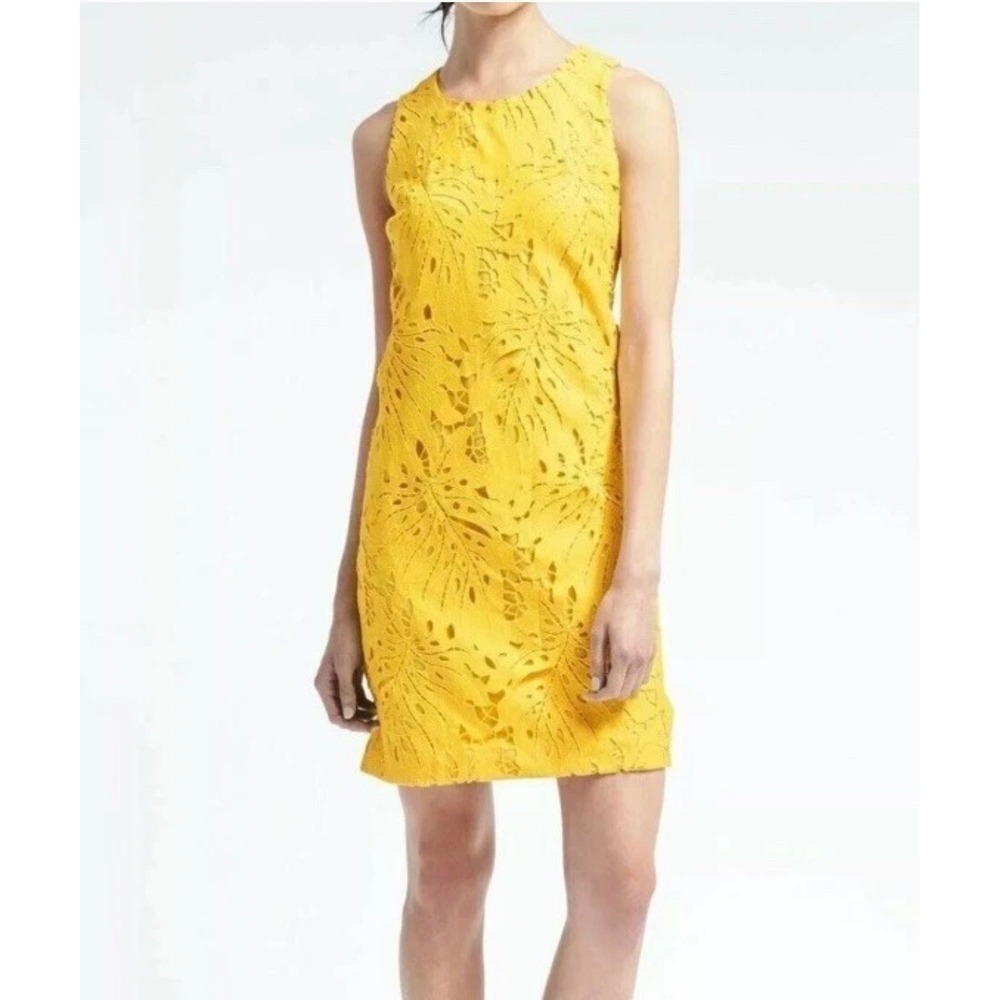 Banana Republic Leaf Lace Dress 6 Yellow Floral Sleeveless Shift Mini Event Chic